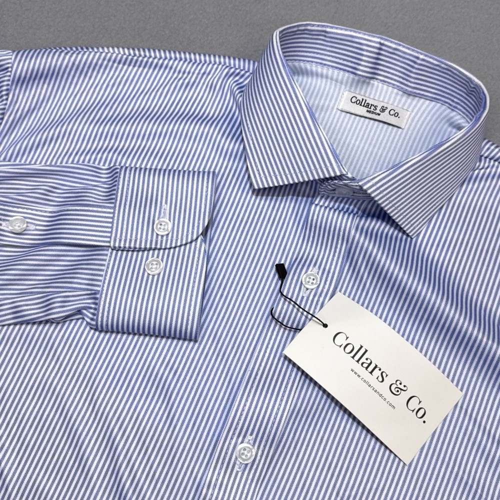 COLLARS & CO. Dress Collar Polo Mens M Blue Striped Long Sleeve Stretch NWT